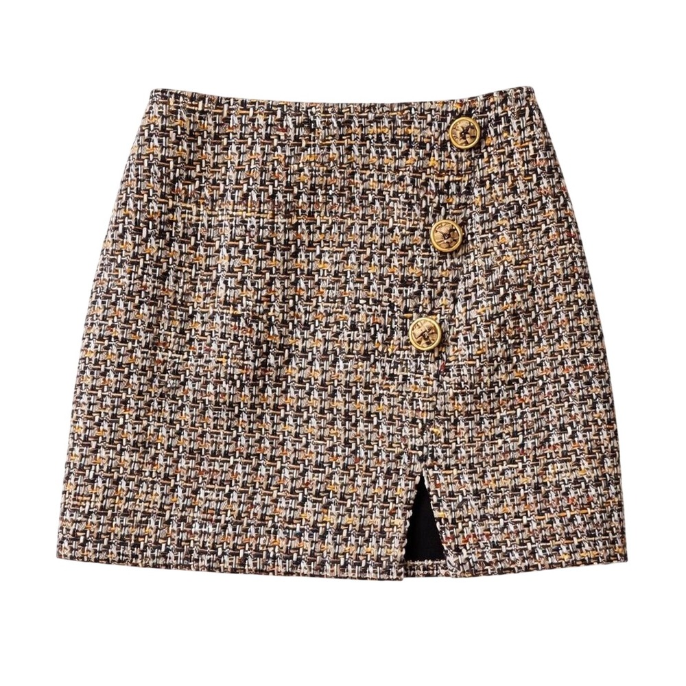 GIANNI BINI Super Cute TWEED MINI SKIRT Button Trim BROWN/BLACK/WHITE Speckle 4